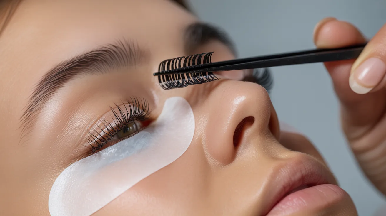 Close-up of a person receiving eyelash extensions. A hand applies lashes with tweezers while an under-eye patch protects the skin. Calm, focused atmosphere.