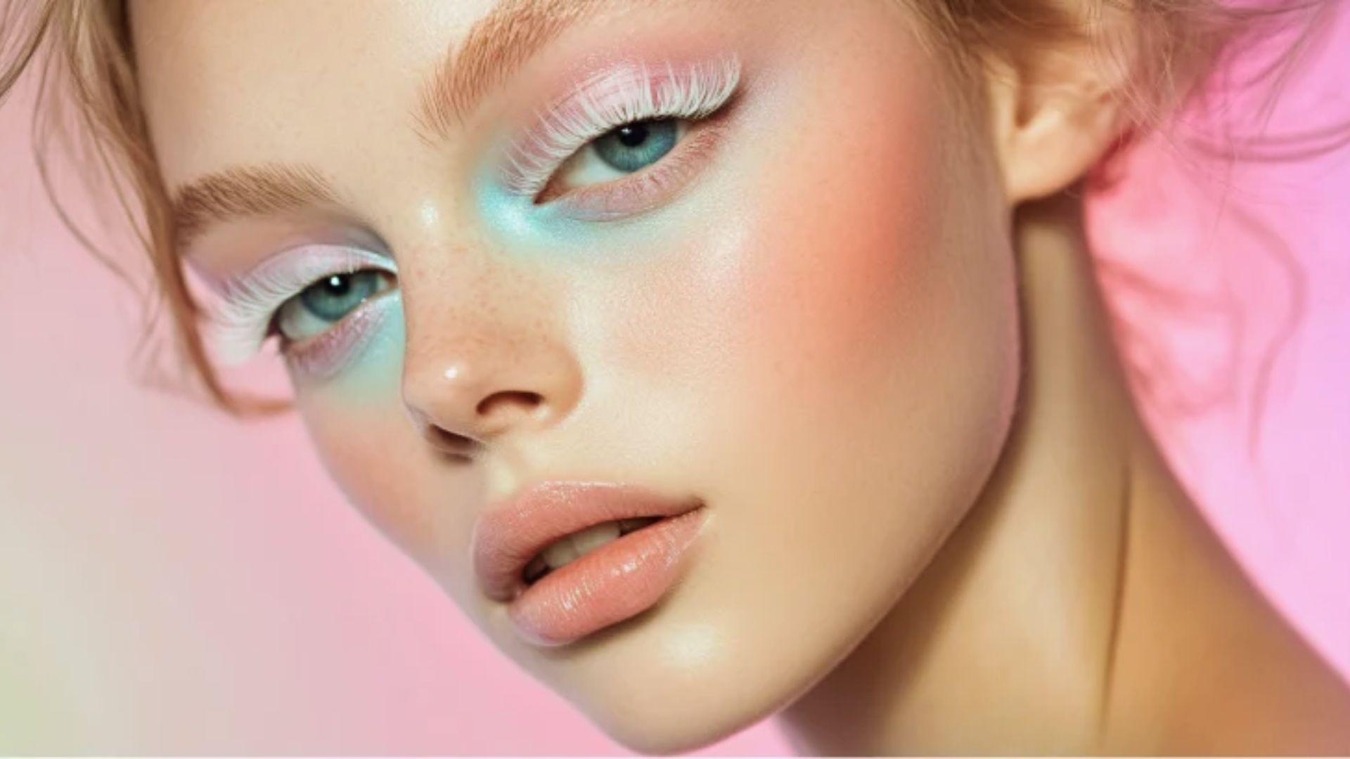 A woman with ethereal makeup featuring pastel eyeshadow and white lashes against a soft pink background. Her expression is serene and dreamy.