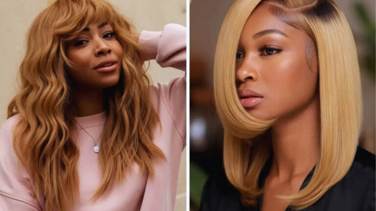 Split image showcasing two women with different hairstyles. The left woman has long, wavy, golden-brown hair and wears a pink sweater. The right woman has a sleek, blonde bob, looking poised in a dark outfit. The mood is stylish and confident.