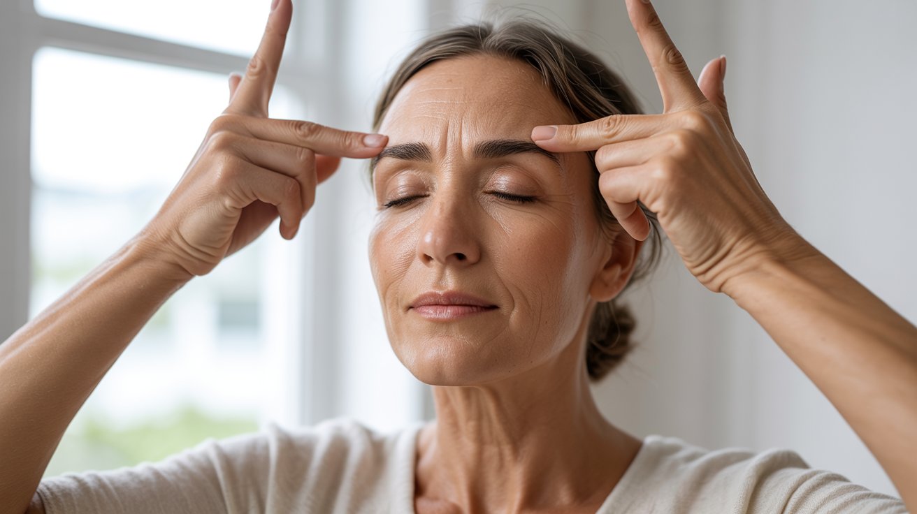 Woman with closed eyes performing facial massage by gently pressing fingers on her forehead, conveying relaxation. Bright, soft-lit interior backdrop.