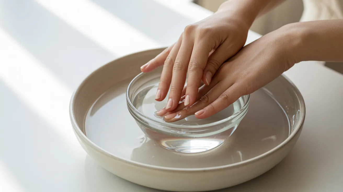 Hands gently soak in a small glass bowl of water, placed inside a larger ceramic dish. The setting conveys relaxation and self-care.