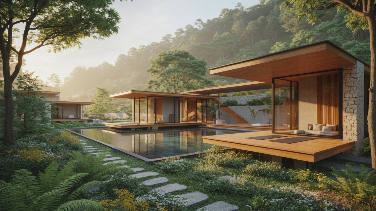 Modern, minimalist house with large glass walls and wooden accents, surrounded by lush greenery and mountains. A serene pool reflects the natural setting.