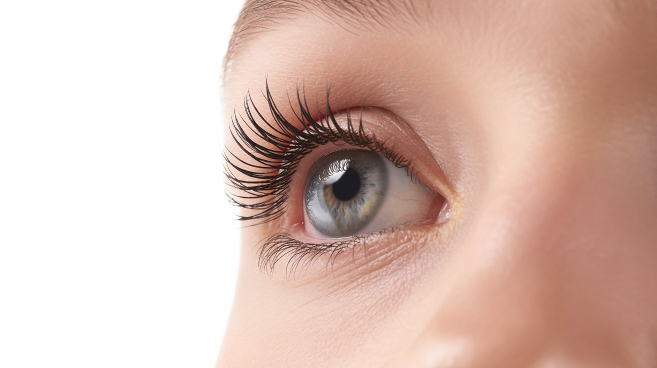 Close-up of a blue eye looking upwards, with long, defined eyelashes. The image conveys a sense of attentiveness and curiosity against a soft, neutral background.