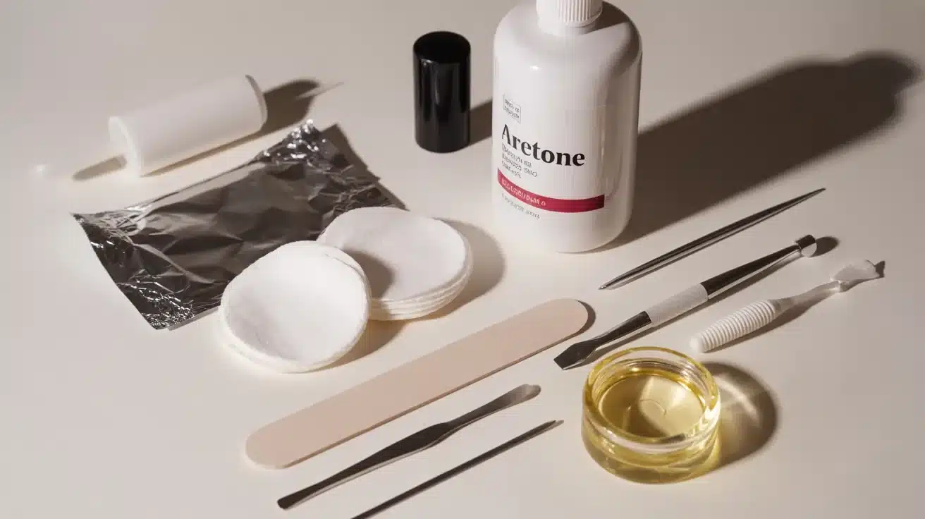 Manicure tools on a white surface include Aretone bottle, cotton pads, nail file, foil, cuticle pusher, tweezers, and oil dish, conveying a clean, professional tone.