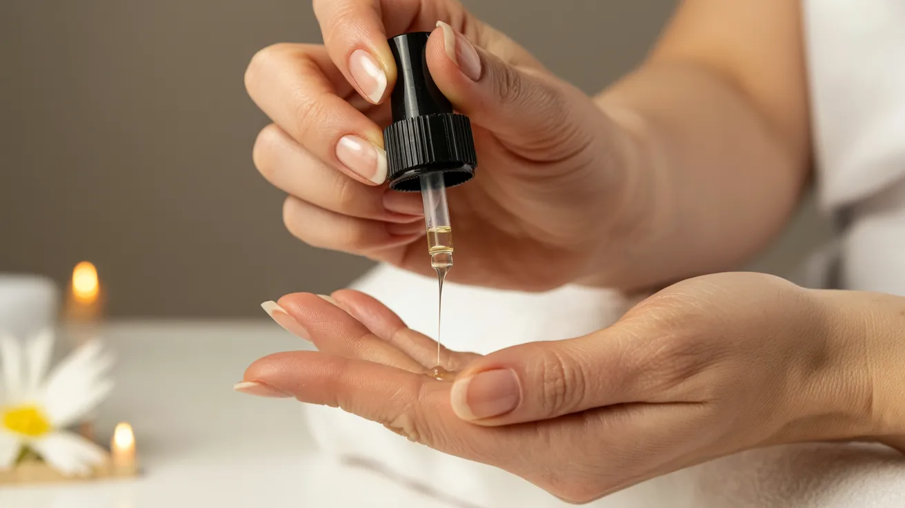 A person pours oil from a dropper onto their hand, suggesting self-care or skincare. A lit candle and a daisy in the background create a soothing ambiance.
