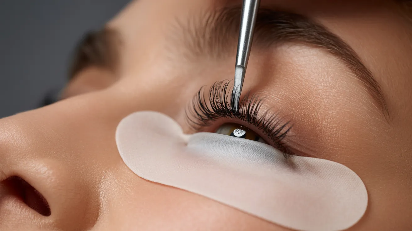 A close-up of an eye during an eyelash extension procedure. A technician uses tweezers to apply lashes, with an under-eye pad protecting the skin.
