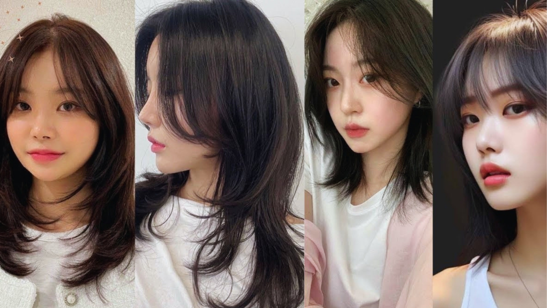 Four images of women with various medium-length hairstyles: layered, sleek, tousled, and straight. Each woman has a peaceful expression, conveying elegance.