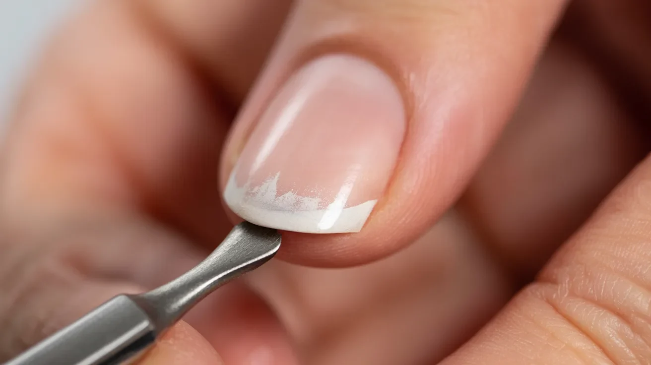 Close-up of a person using a metal cuticle pusher on a fingernail. The nail appears clean and well-maintained, conveying a sense of grooming and care.