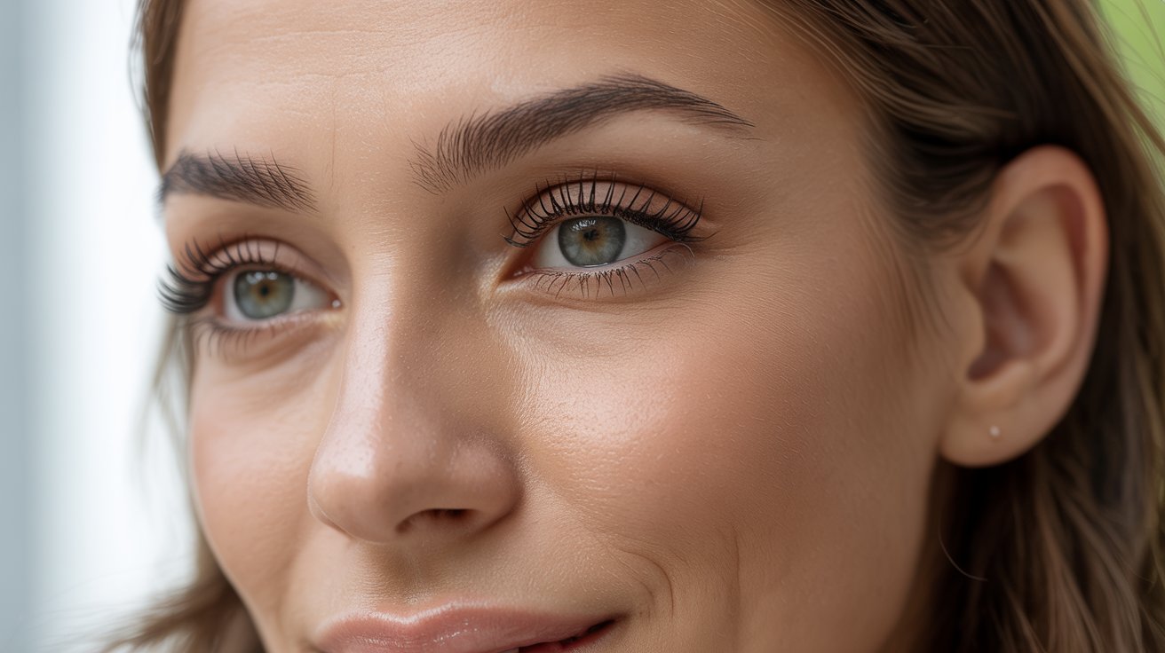 Close-up of a woman's face, highlighting her clear skin, well-defined eyebrows, and light eyes. She has a subtle smile, conveying a serene and content mood.