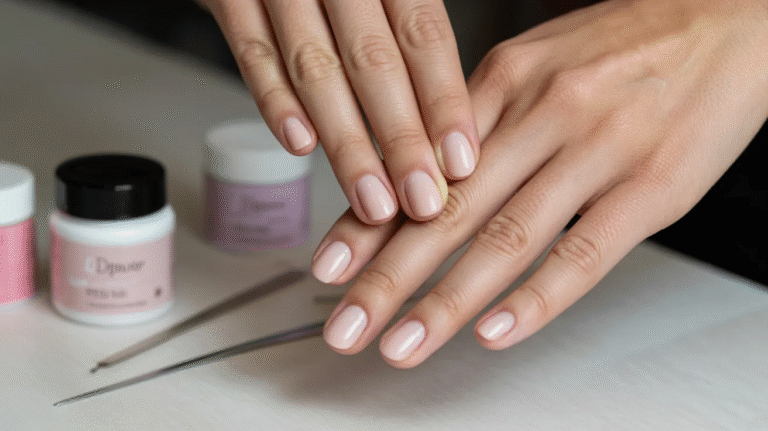 Hands with neatly manicured nails in soft pink rest on a table with nail tools and dip powder jars. The scene conveys a sense of care and elegance.