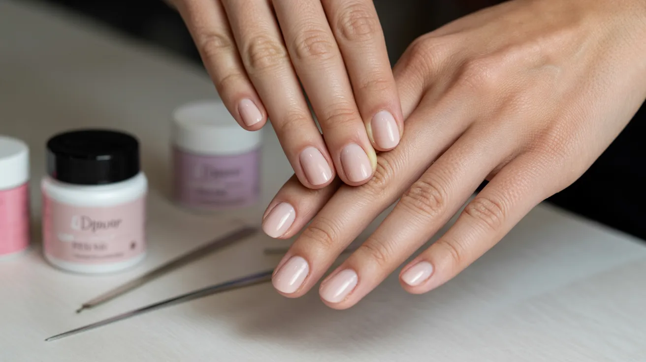 Hands with neatly manicured nails in soft pink rest on a table with nail tools and dip powder jars. The scene conveys a sense of care and elegance.
