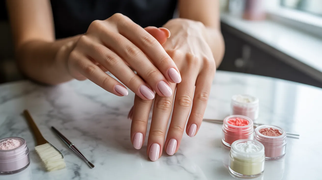 A woman's hands with light pink manicured nails rest on a marble surface, surrounded by jars of nail powders and brushes, conveying elegance and care.