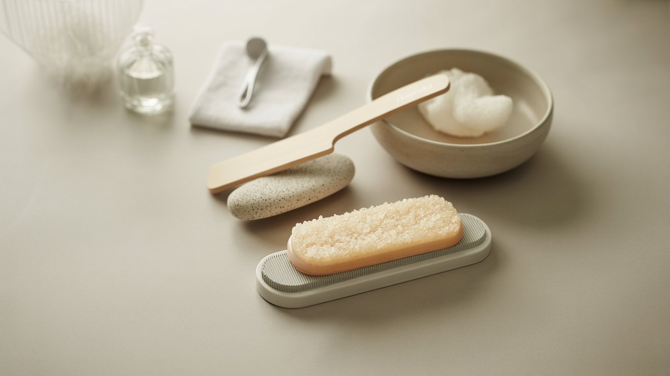 Calming spa setup with a brush, pumice stone, and foam-filled bowl on a beige surface. Soft, neutral tones evoke a sense of tranquility.