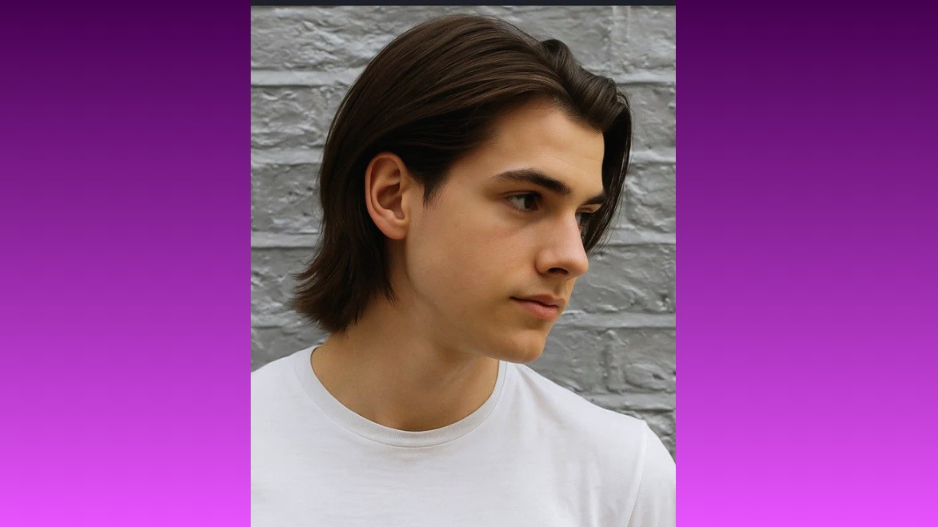 A young man with long brown hair wearing a white shirt looks to the right. The background is a gray brick wall with a purple gradient border.
