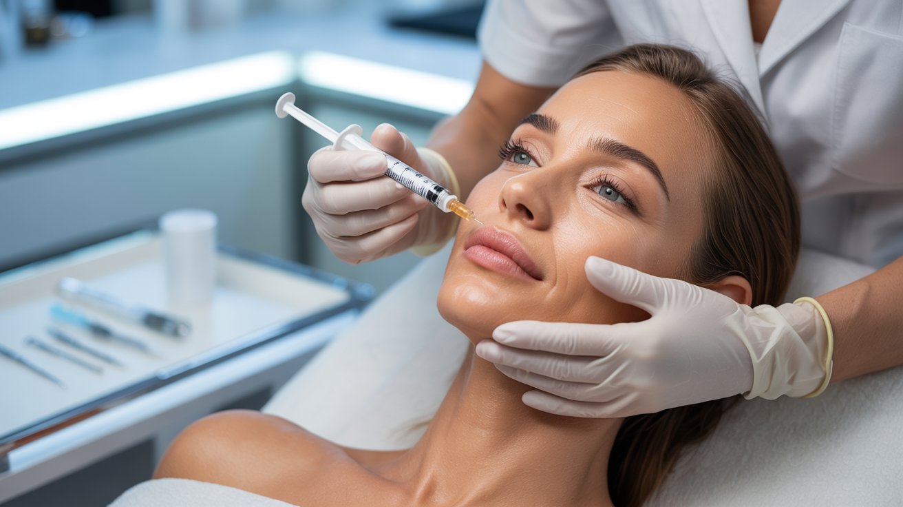 A woman receives a cosmetic injection in her lips at a clinic. A professional in white gloves gently holds her face. The setting is clean and clinical.