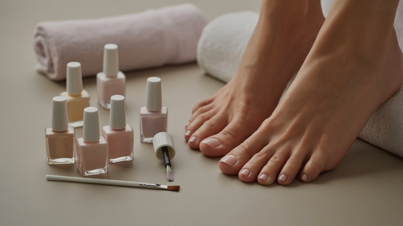 Bare feet with neatly painted toenails, surrounded by pastel nail polish bottles and a brush. A rolled towel adds a spa-like, soothing touch.