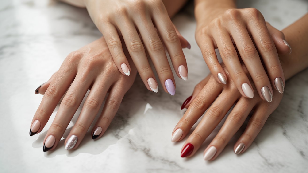A close-up of four hands with manicured nails, displaying diverse nail colors including pink, white, nude, red, and glitter, on a marble surface. Elegant and stylish.