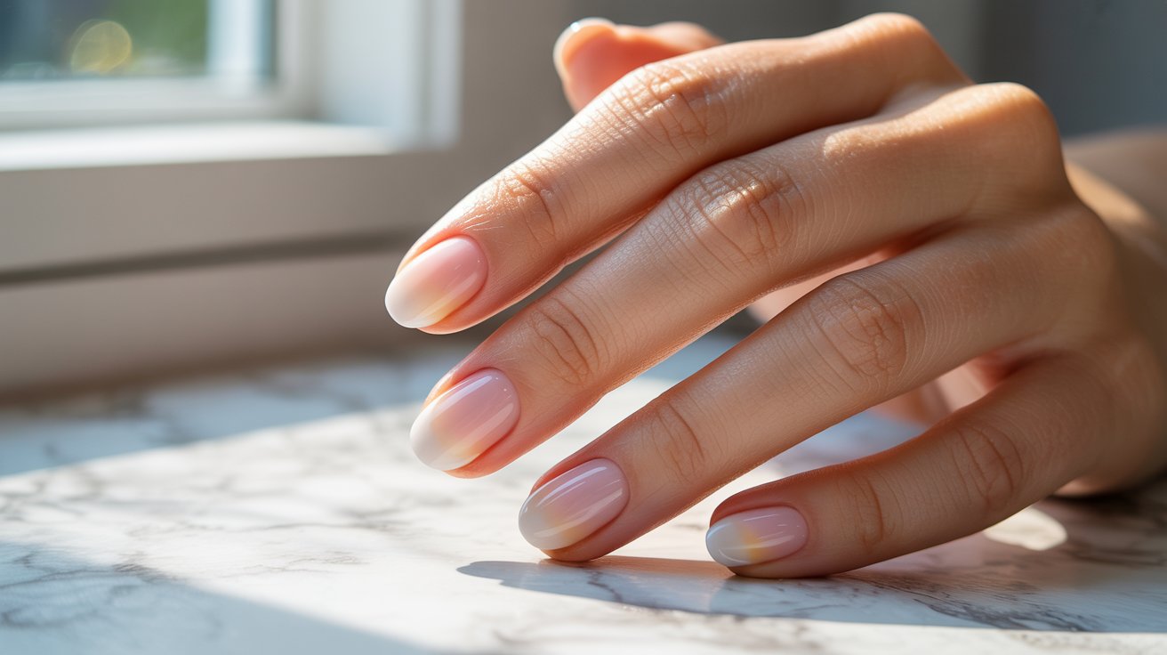 A manicured hand with a soft, gradient pink to white ombre nail polish rests on a marble surface, lit by natural sunlight from a nearby window.