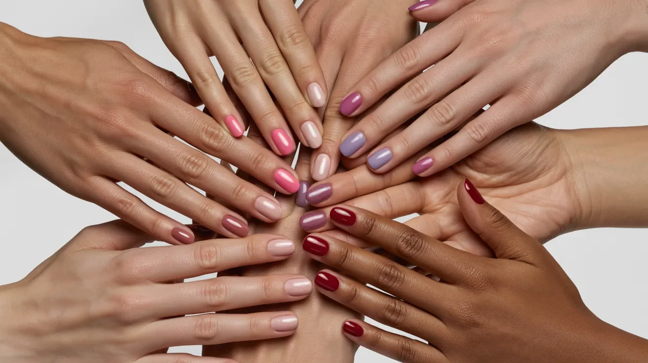 A circle of diverse hands with manicured nails in various shades of pink and red, showcasing unity and diversity against a plain background.
