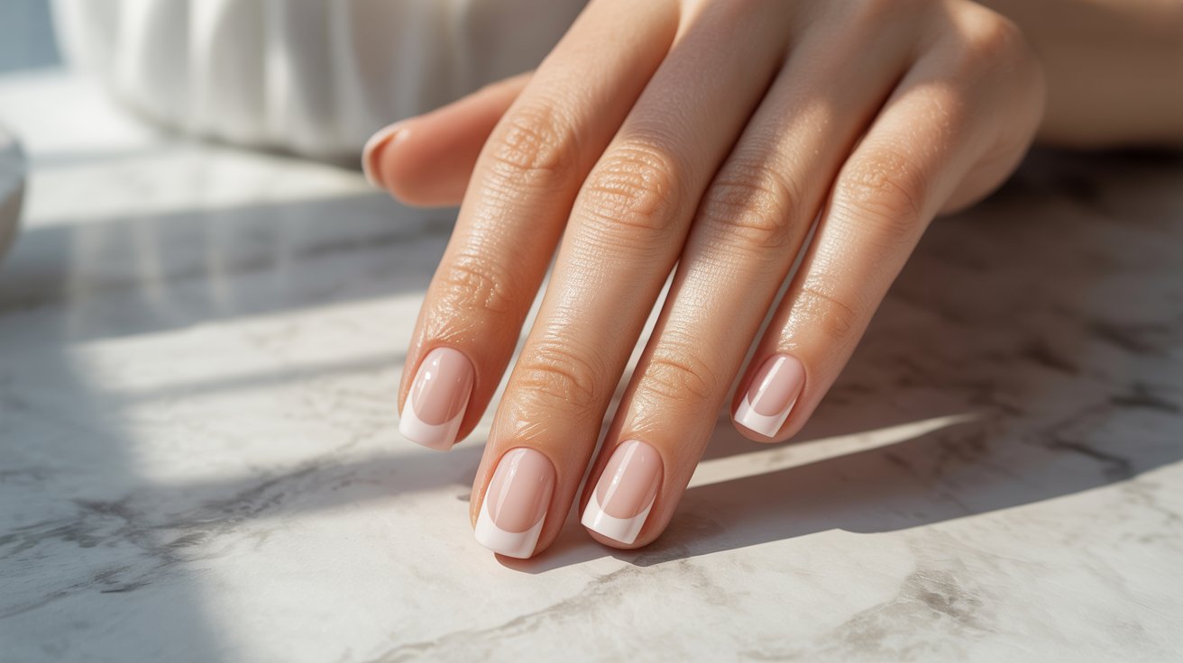 A hand with a classic French manicure rests on a marble surface, bathed in soft natural light. The nails are polished with white tips, exuding elegance and simplicity.