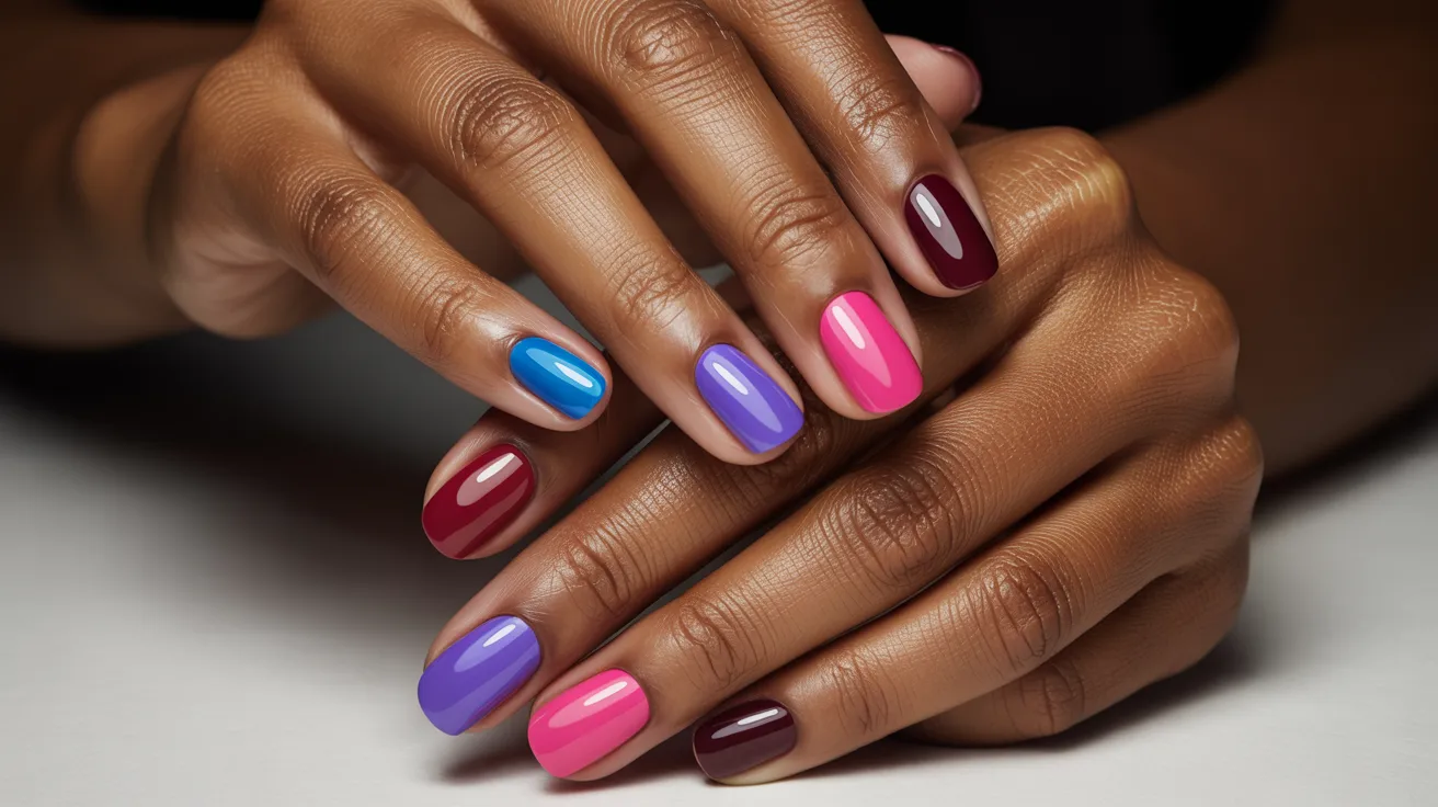 Close-up of hands with nails painted in vibrant shades of blue, pink, purple, and burgundy, conveying creativity and a playful, fashionable vibe.