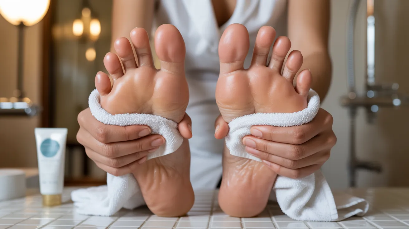 Close-up of hands holding a towel under two clean, relaxed feet on a bathroom counter, with a tube of skincare product visible nearby. Cozy, spa-like setting.