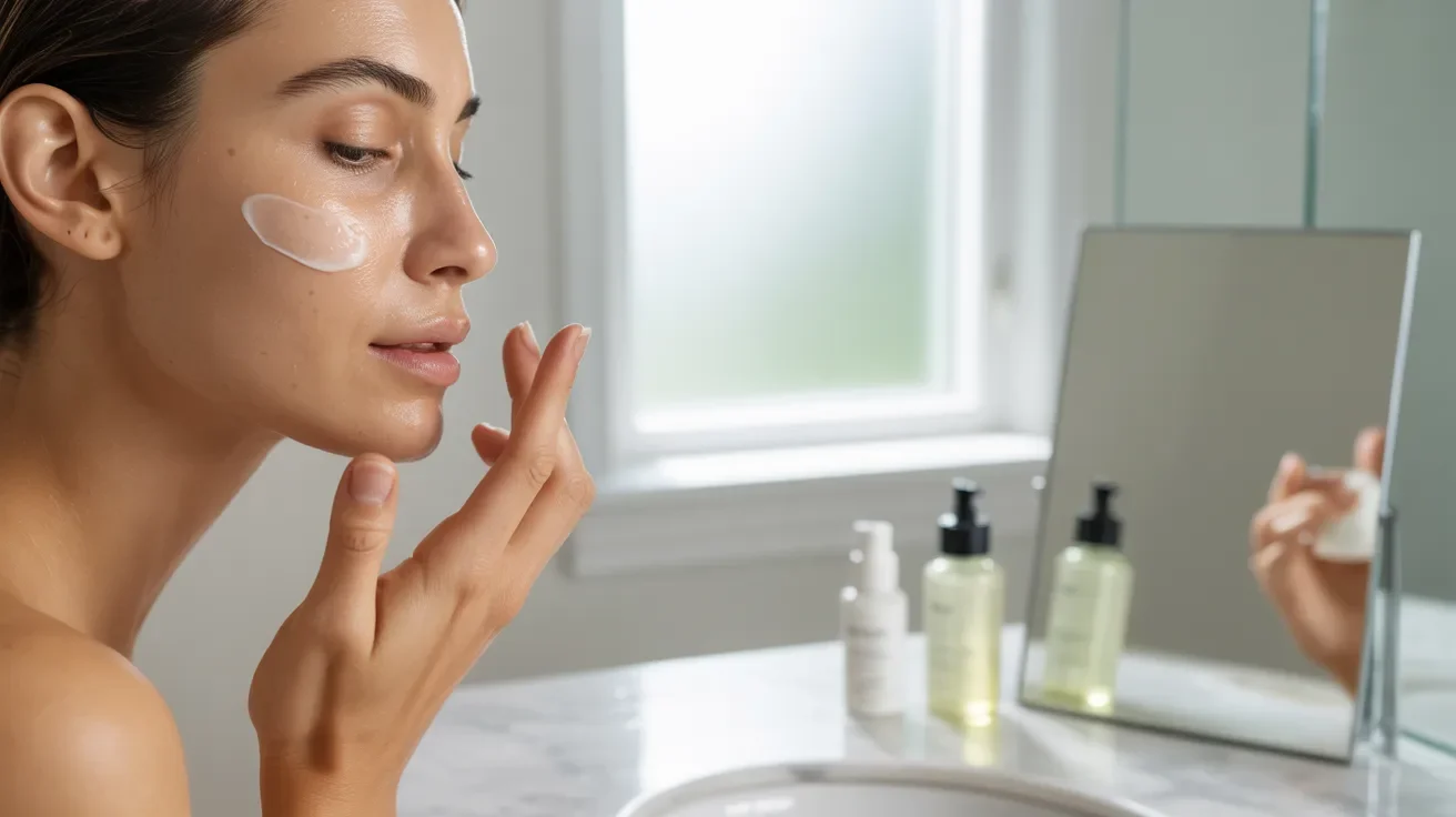 A woman applies face cream with a serene expression, standing by a bathroom mirror. Skincare products are visible on the countertop. Bright and fresh tone.