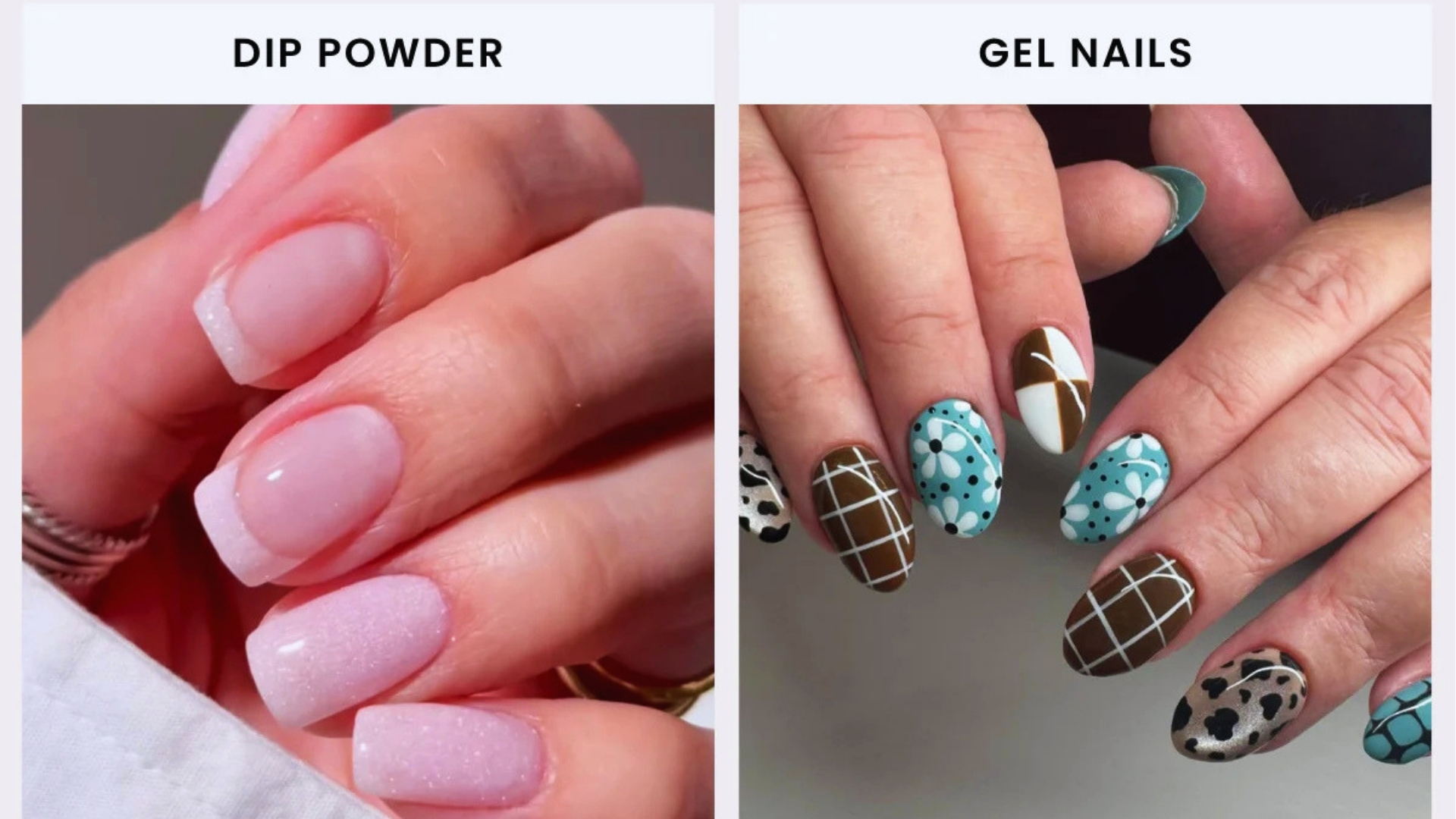Dip powder nails with a soft pink shimmer on the left, and gel nails with diverse patterns and colors, including blue, brown, and white, on the right.