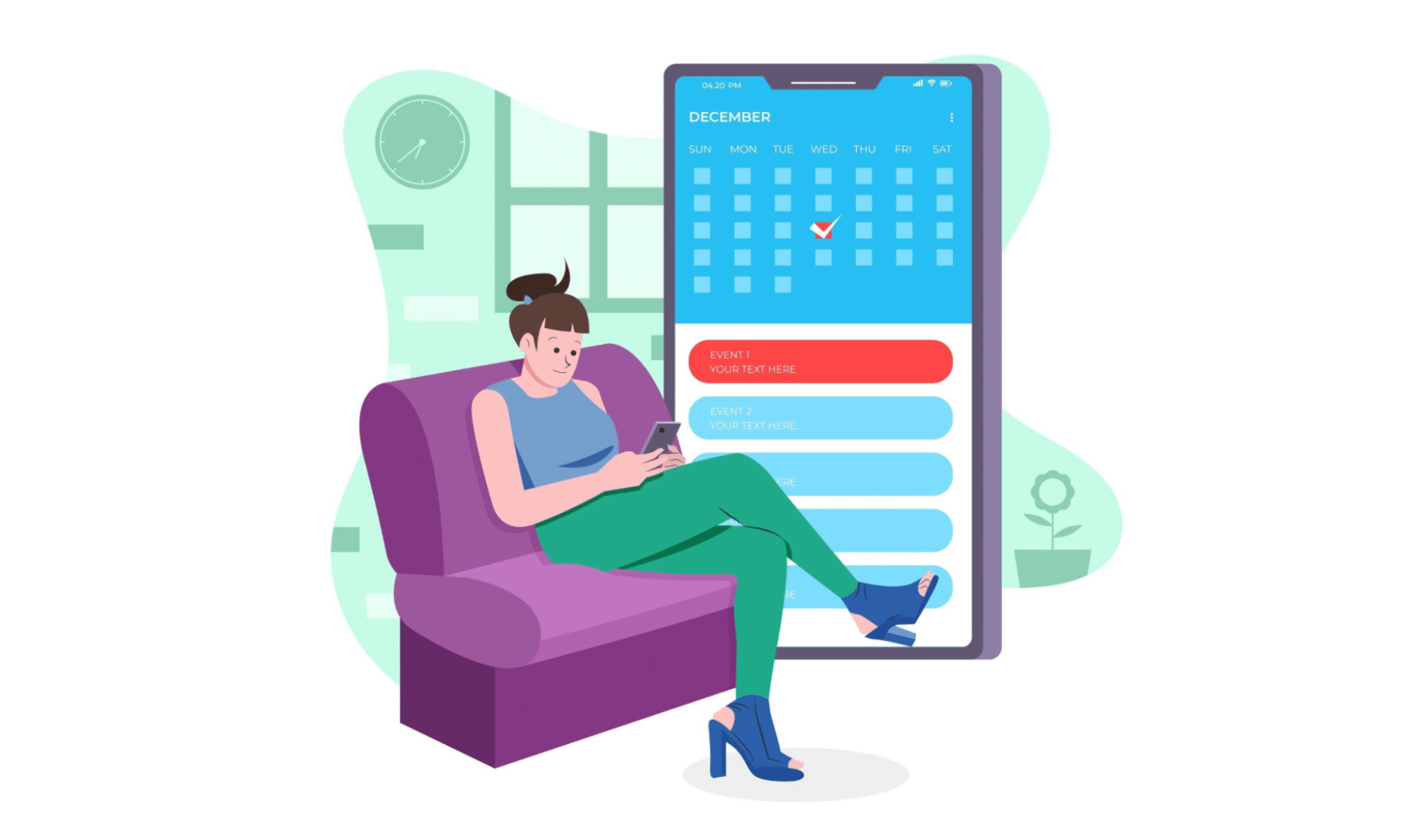 A woman sitting on a couch, looking at her phone while a calendar rests beside her, planning her schedule.