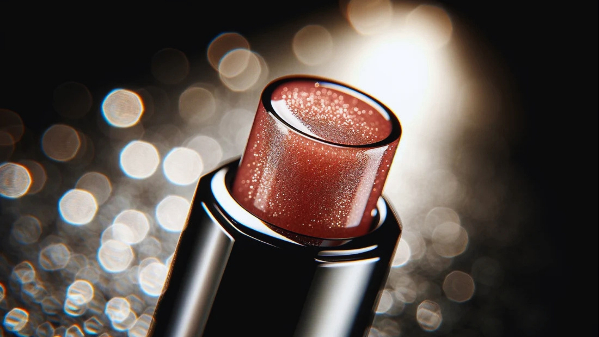 Close-up of a shimmering lipstick tube against a blurred, glowing background. The lipstick's glossy texture sparkles, evoking elegance and allure.