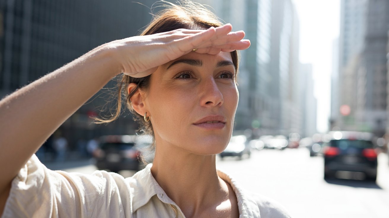 A woman shades her eyes with her hand while looking up, standing on a busy city street with tall buildings. The scene conveys a sense of focus and curiosity.