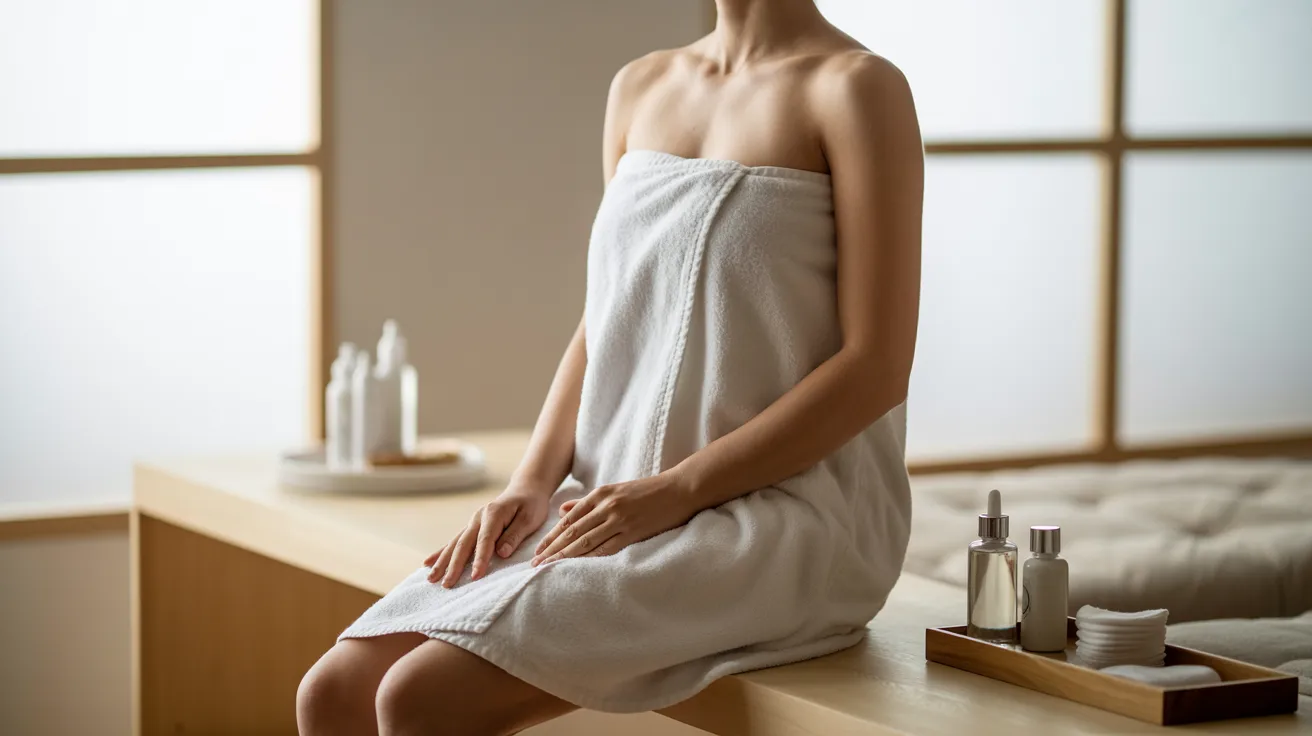 A person wrapped in a white towel sits on a wooden bench in a serene spa setting. Nearby are bottles and jars on a tray, evoking a calm, relaxing atmosphere.