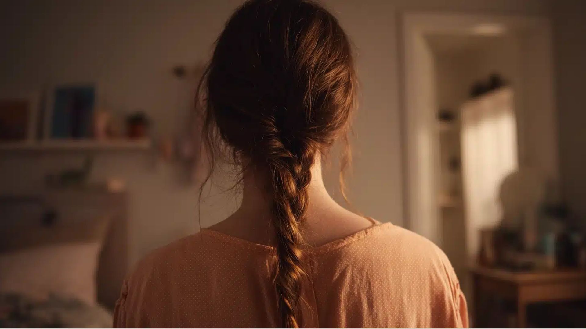 A woman with auburn hair braided down her back stands in a softly lit bedroom. The mood is calm and introspective, with a blurred background.