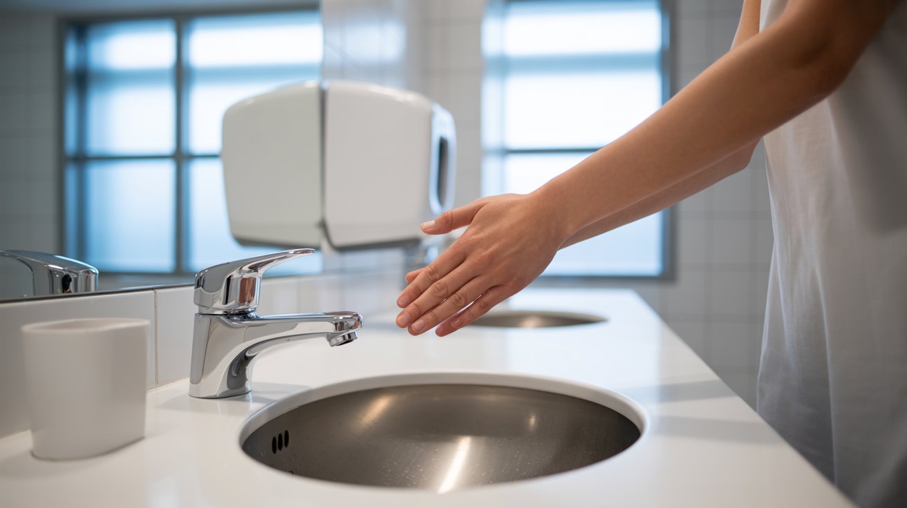 A person extends a hand towards a modern sensor faucet in a clean, bright restroom. Reflections on the sink highlight the sleek, sanitary environment.