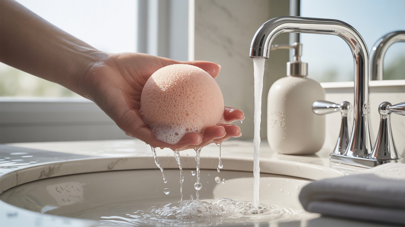 A hand squeezes a soapy pink sponge under a running faucet, with water splashing into a sunlit bathroom sink. A soap dispenser is visible nearby.