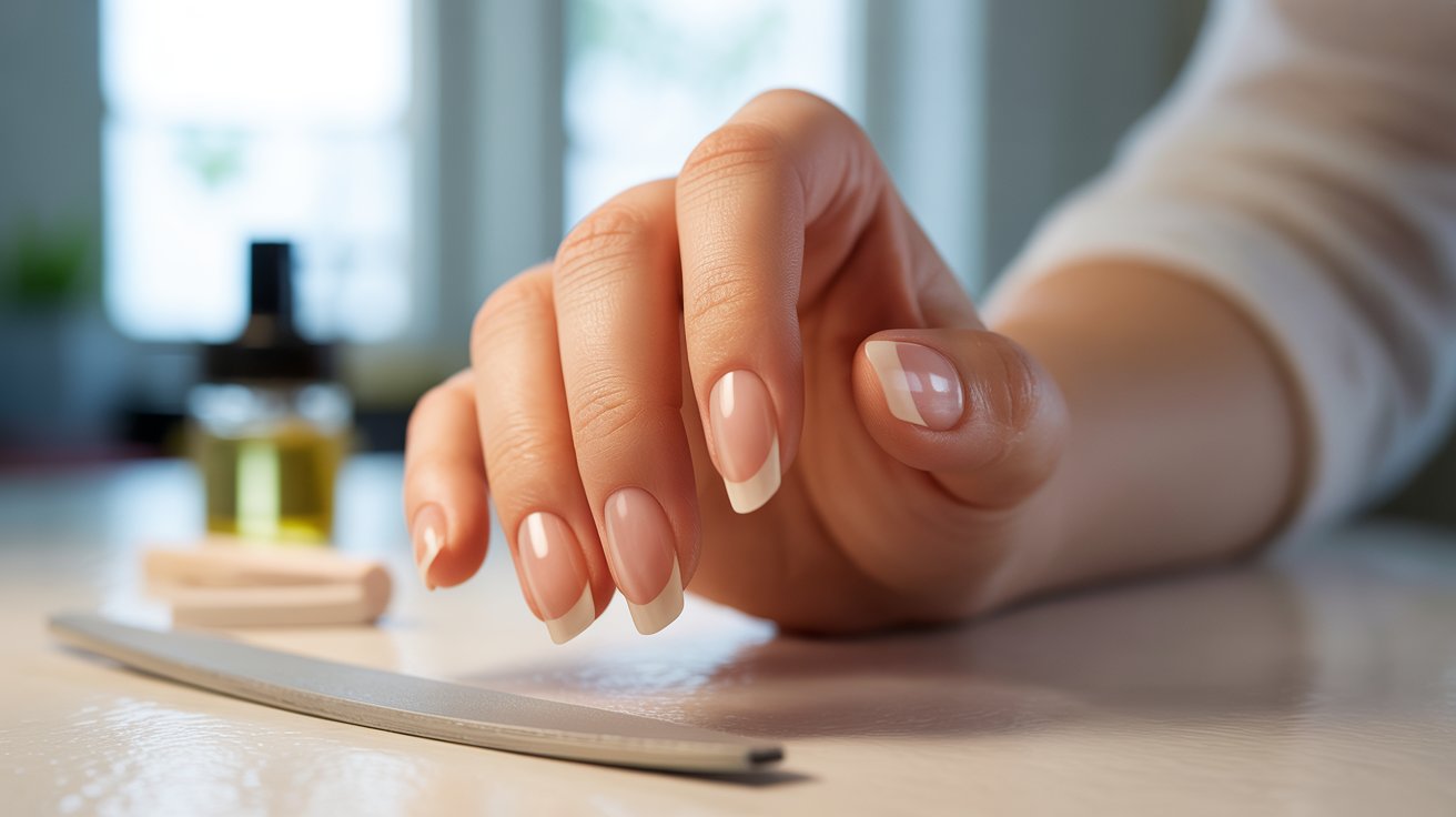 A hand with manicured nails on a table, near a nail file and oil bottle, in a softly lit room. The scene conveys elegance and relaxation.
