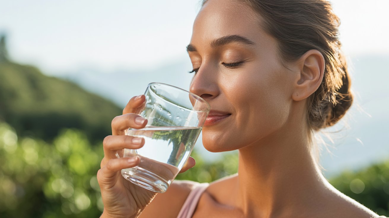 A woman enjoys a glass of water outdoors, eyes closed in relaxation. The background shows blurred greenery, conveying tranquility and refreshment.