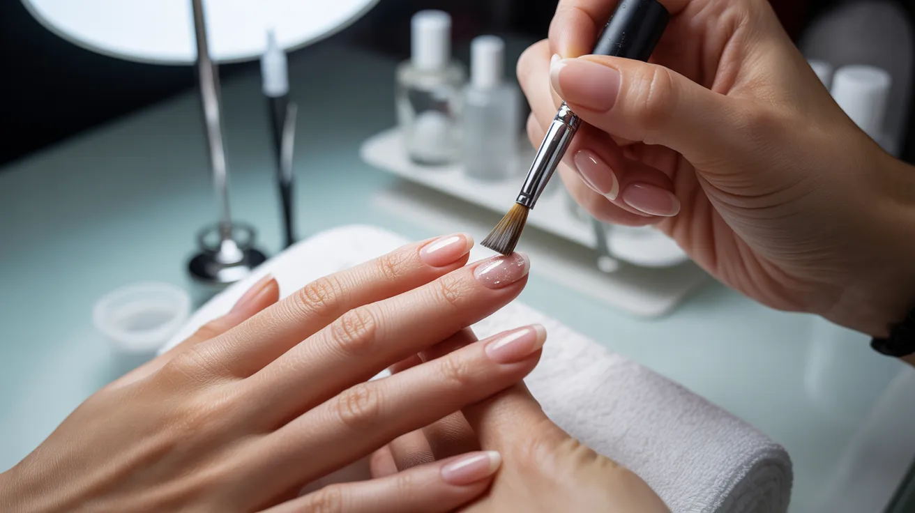 Close-up of a person receiving a manicure. A hand holds a brush applying polish on a fingernail. The scene is calm, with nail care tools in the background.