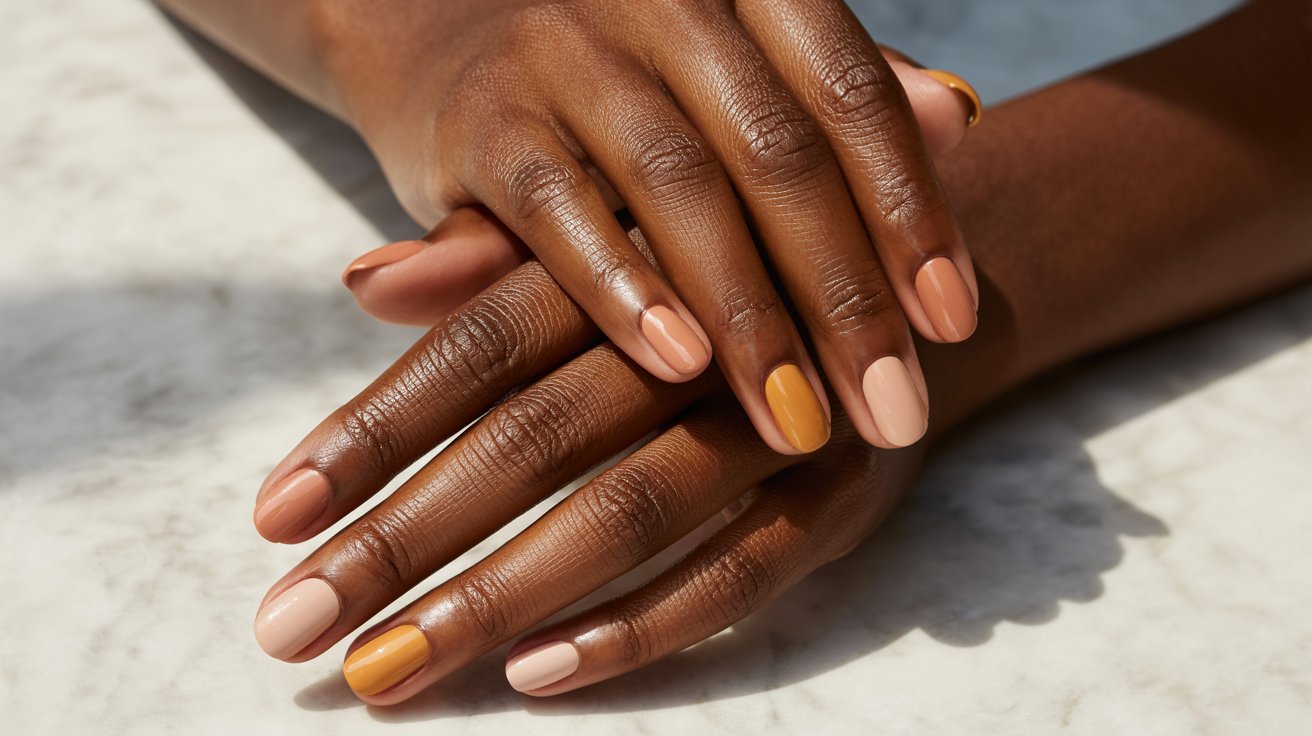 Two hands with smooth, brown skin rest on a marble surface. The nails are neatly manicured, painted in shades of beige, peach, and mustard yellow.