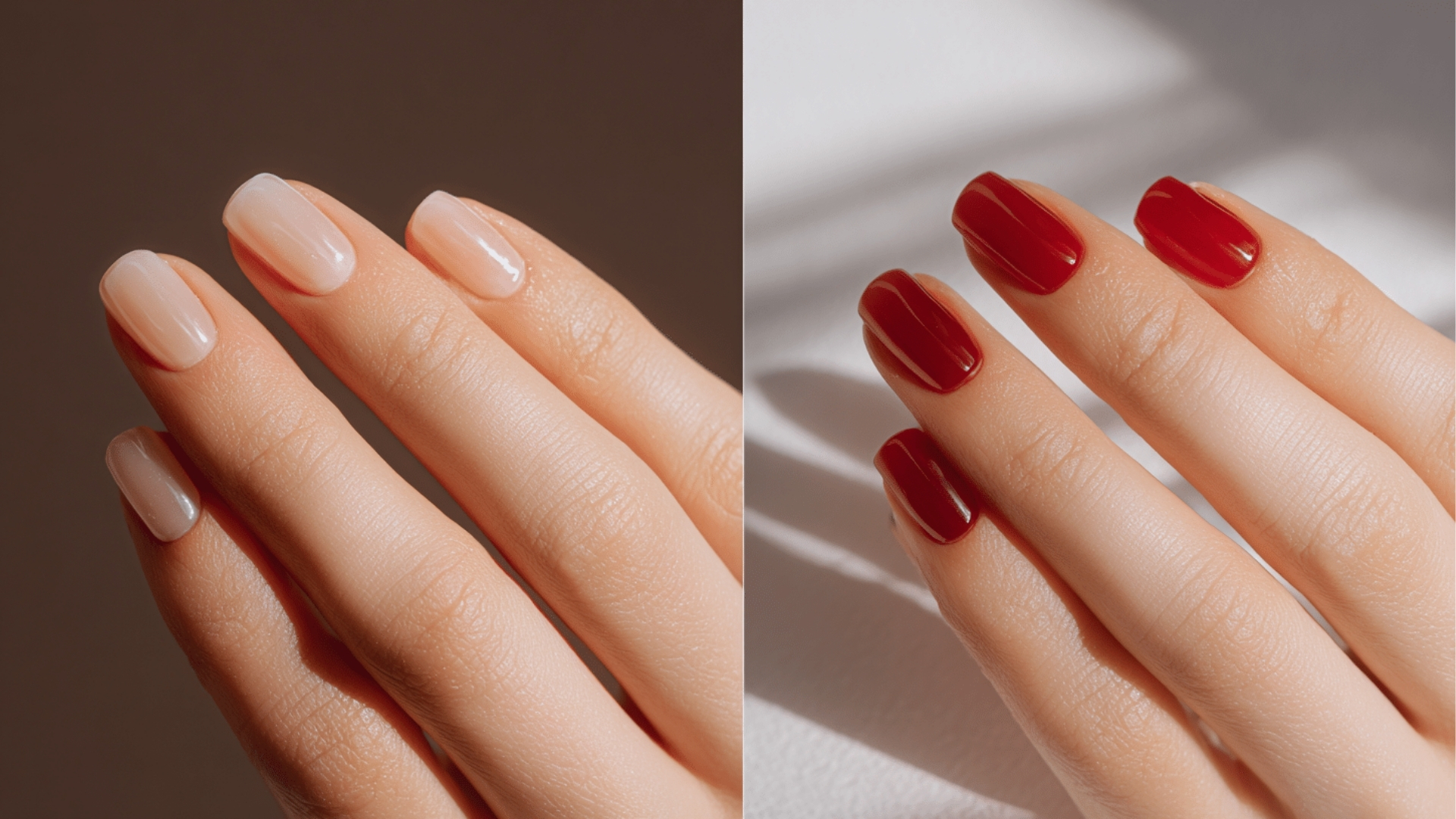 Two hands with manicured nails; left hand features a soft, natural pink polish, while right hand shows bold, glossy red nails. Warm, soft lighting.
