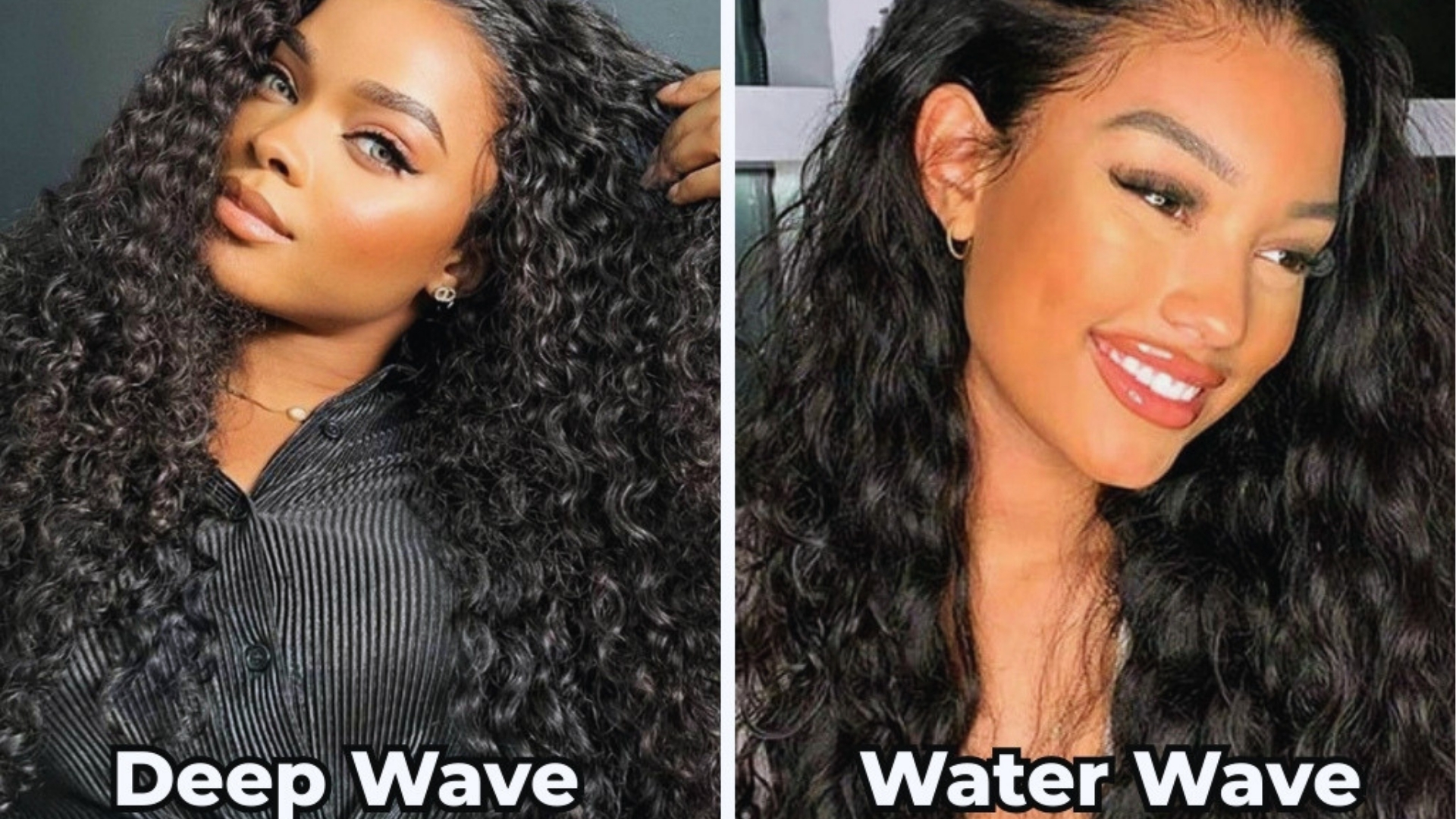 Split image showing a woman with deep wave hair on the left, wearing a black top, and another with water wave hair on the right, smiling brightly.