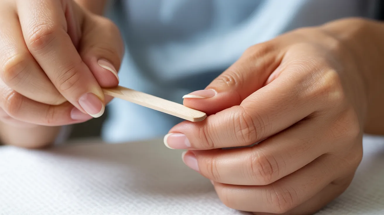 Hands are shown using a wooden stick to gently push back cuticles on one hand. The nails are neatly manicured, suggesting a calm and careful grooming process.