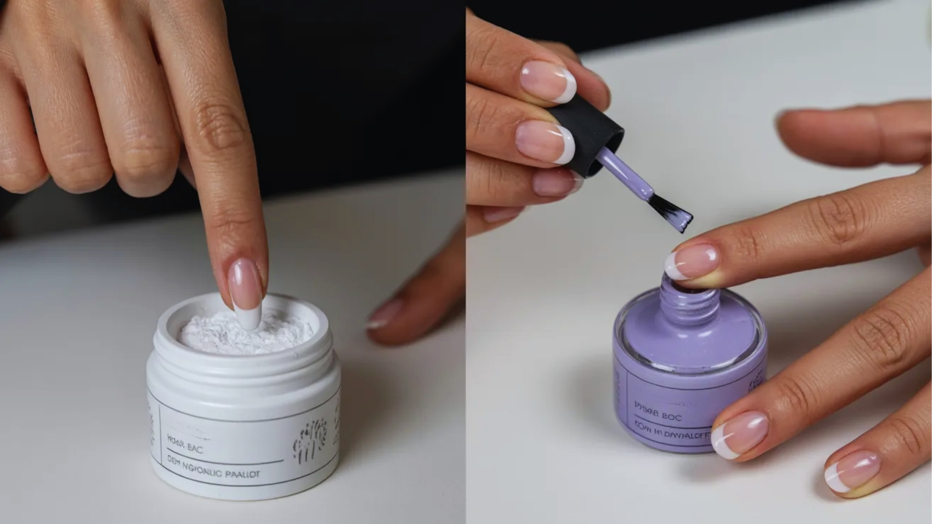 A hand dips a fingernail into a jar of white powder, and another hand applies light purple nail polish. The setting is neat and focused on nail care.