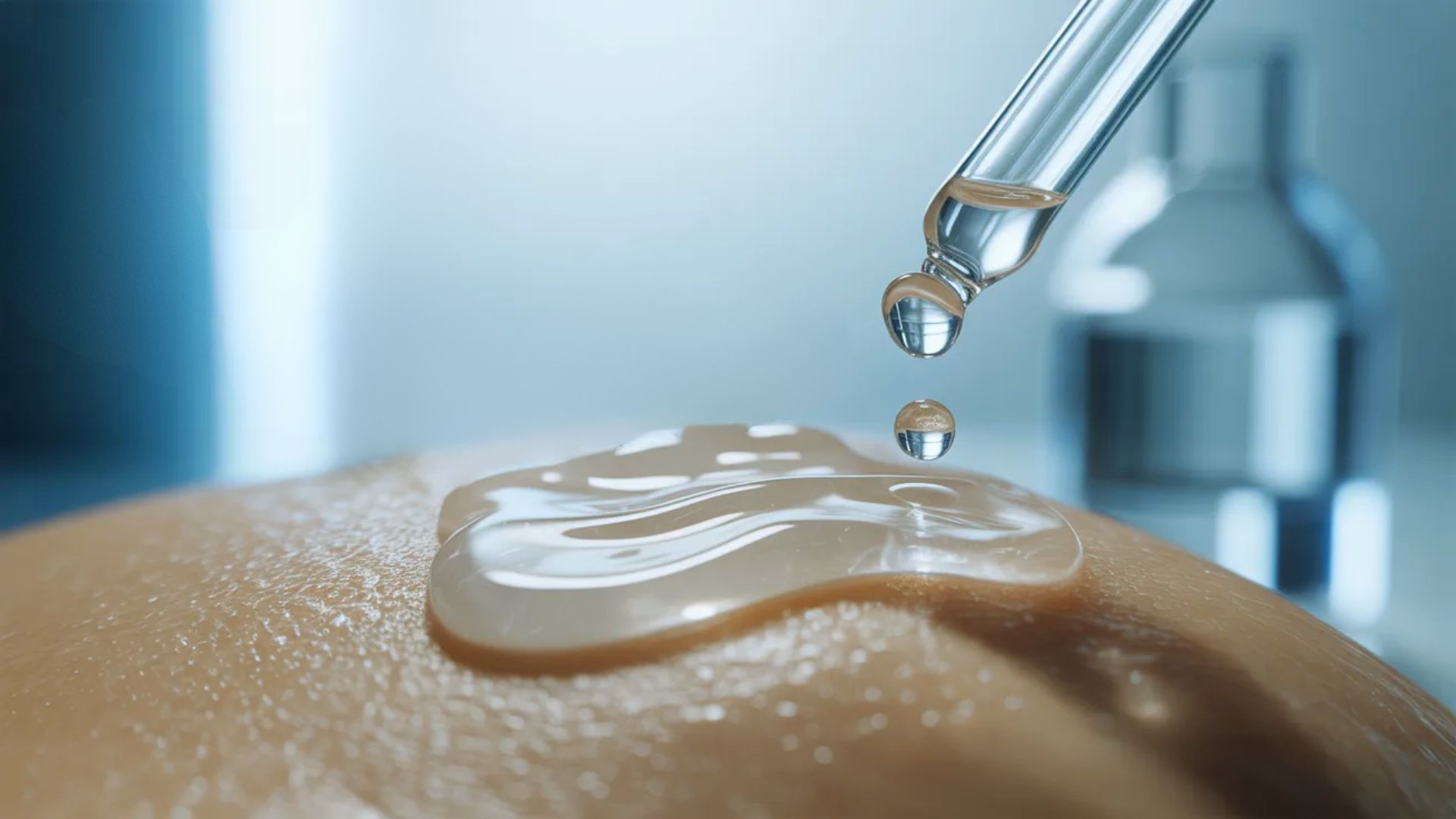 A close-up of a dropper releasing serum onto smooth skin. The liquid glistens, conveying a sense of hydration and skincare focus. A blurred bottle is in the background.