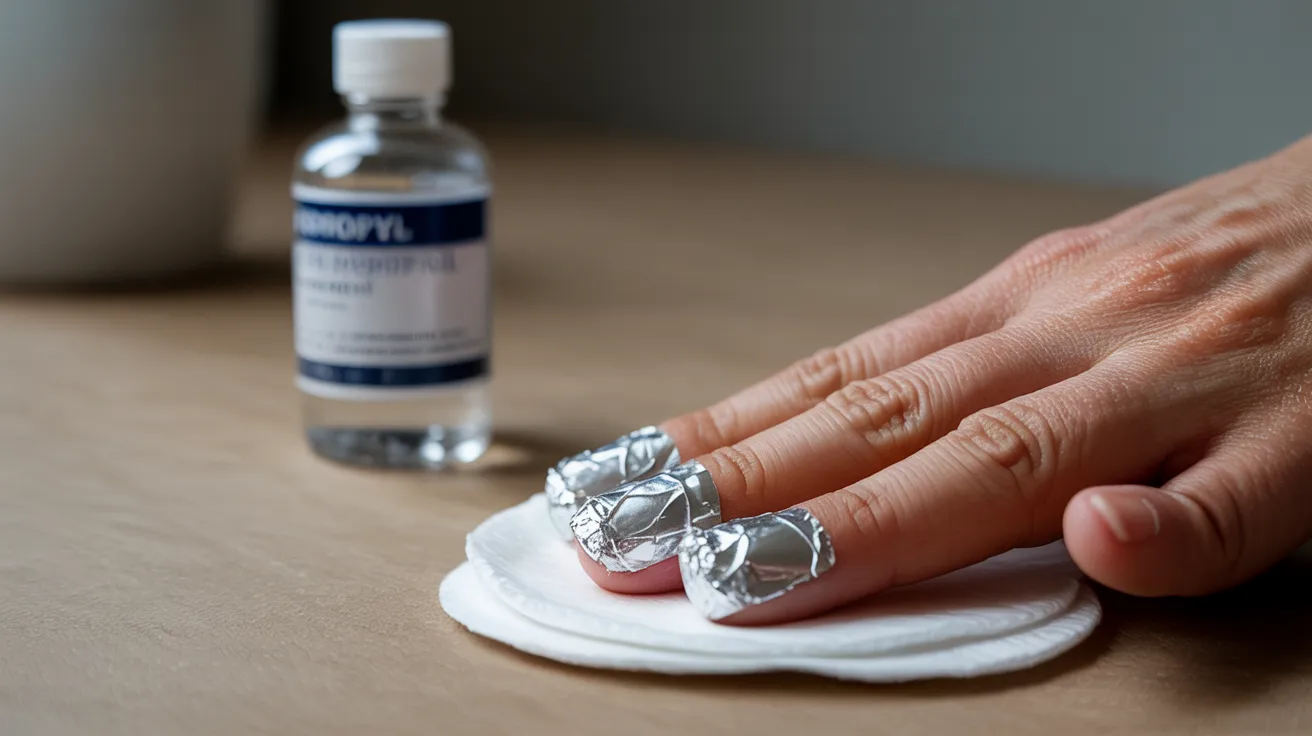 A hand with fingers wrapped in foil rests on cotton pads, next to an isopropyl alcohol bottle on a wooden surface, suggesting nail polish removal.