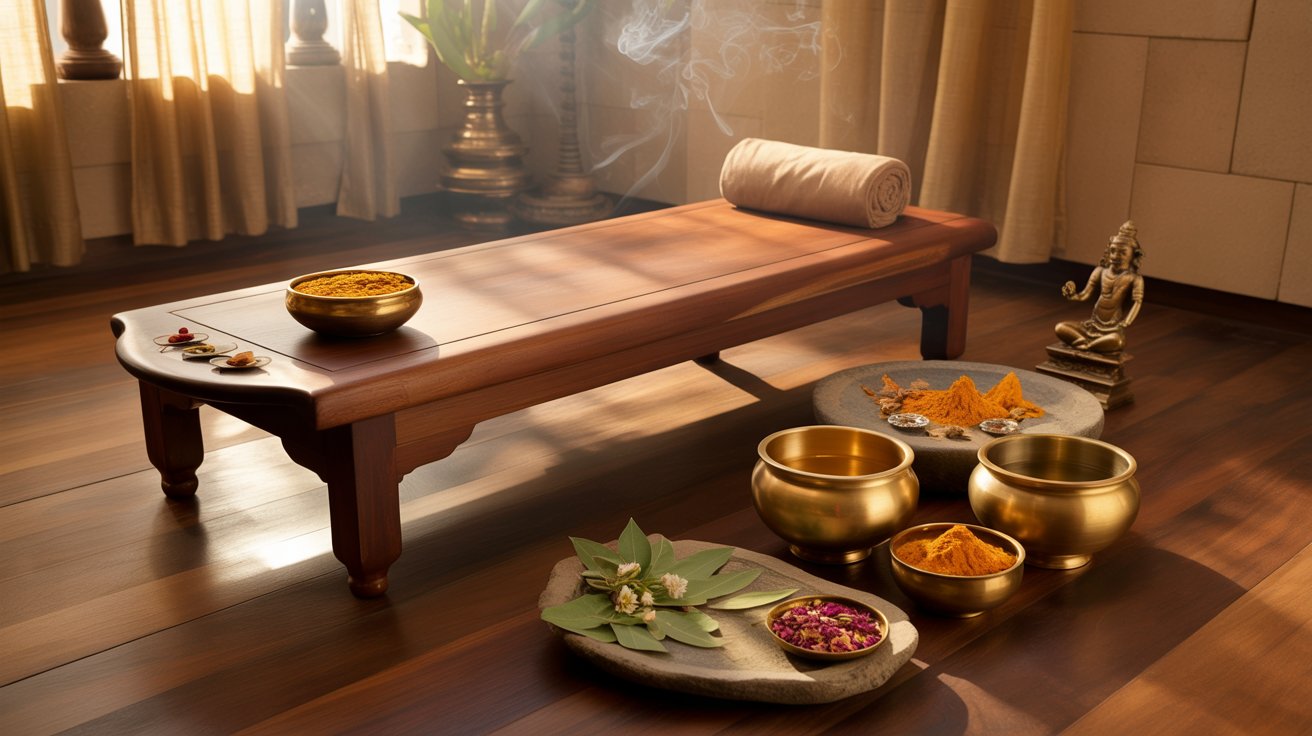 A serene spa room with a wooden massage table topped with a rolled towel. Nearby, bowls with turmeric, rose petals, and herbs sit on the floor, exuding tranquility.