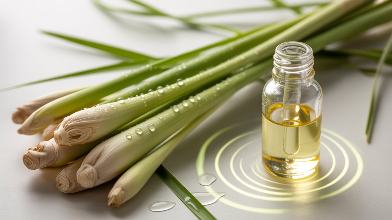 A bottle of lemongrass essential oil sits on a surface next to fresh lemongrass stalks with water droplets, evoking a fresh and calming atmosphere.