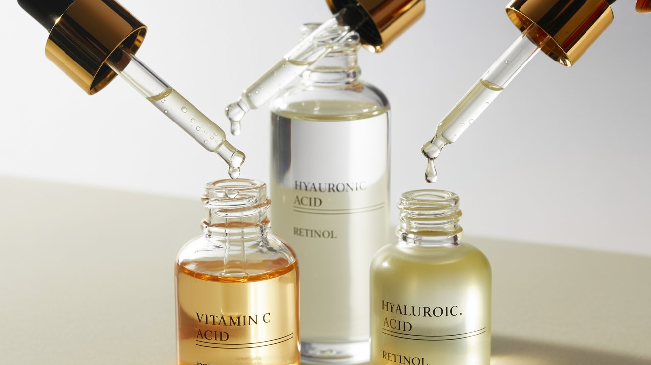 Serum bottles labeled Vitamin C and Hyaluronic Acid with droppers releasing liquid. The scene conveys a clean, luxurious skincare aesthetic.