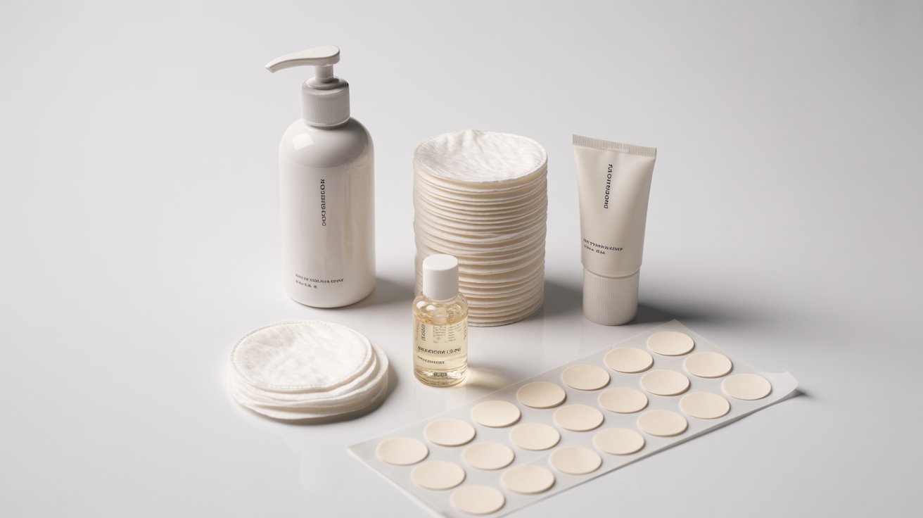 A minimalist skincare set on a white surface includes a pump bottle, stack of cotton pads, small oil bottle, cream tube, and acne patches, conveying a clean, calming tone.