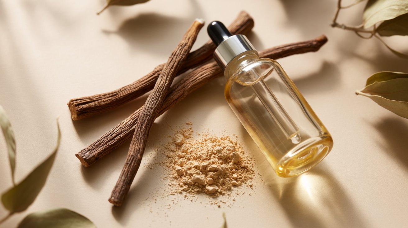 A dropper bottle with golden oil lies beside licorice roots and a small pile of powder on a beige surface. The scene conveys a natural, earthy feel.